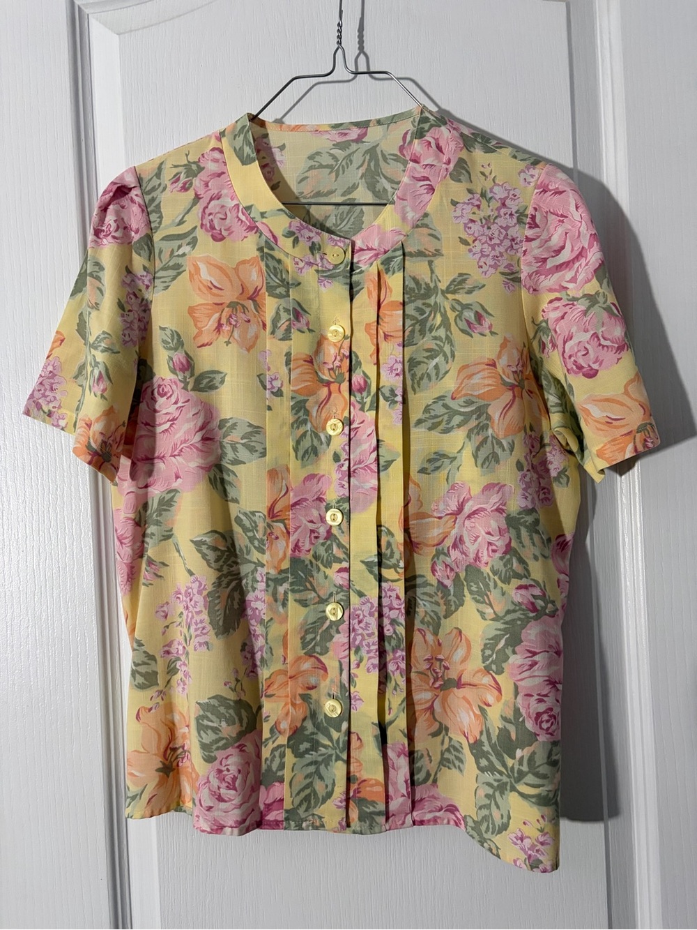 St Michael Floral Short-Sleeve Button Front Top - Yellow/Pink size Medium